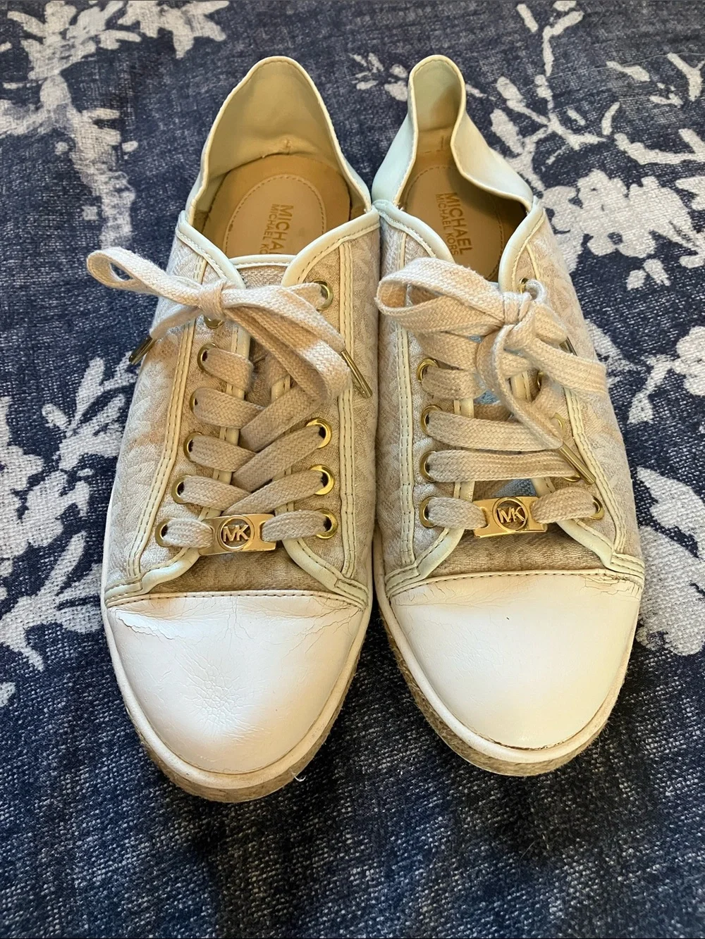 Michael Kors Kristy Slide Sneakers cream vanilla & gold colorway jacquard canvas